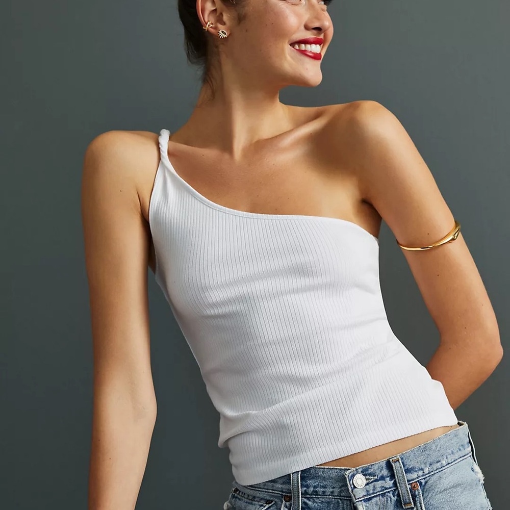 Anthropologie White Ribbed One-Shoulder Camisole